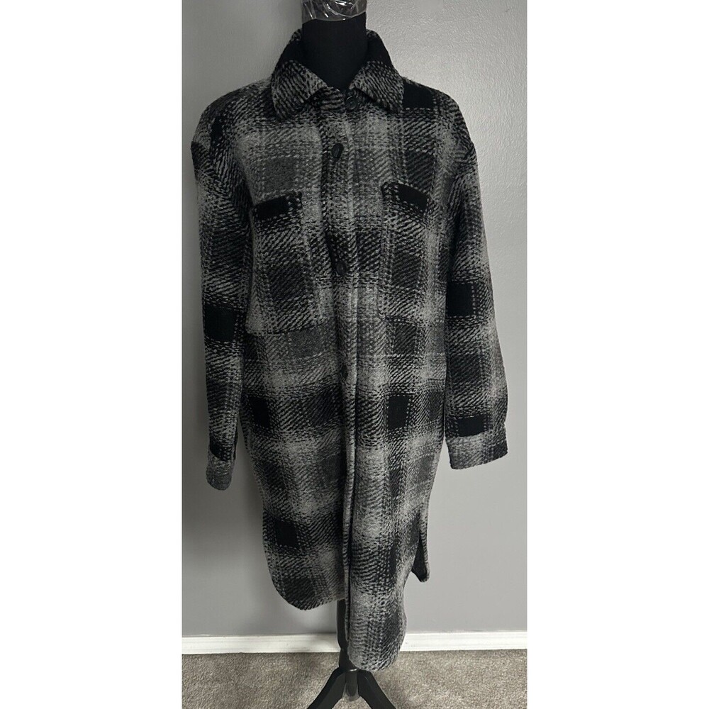 Gap Grey Black Plaid Womens Shacket Wool Blend Long Shirt Jacket Size Medium NEW